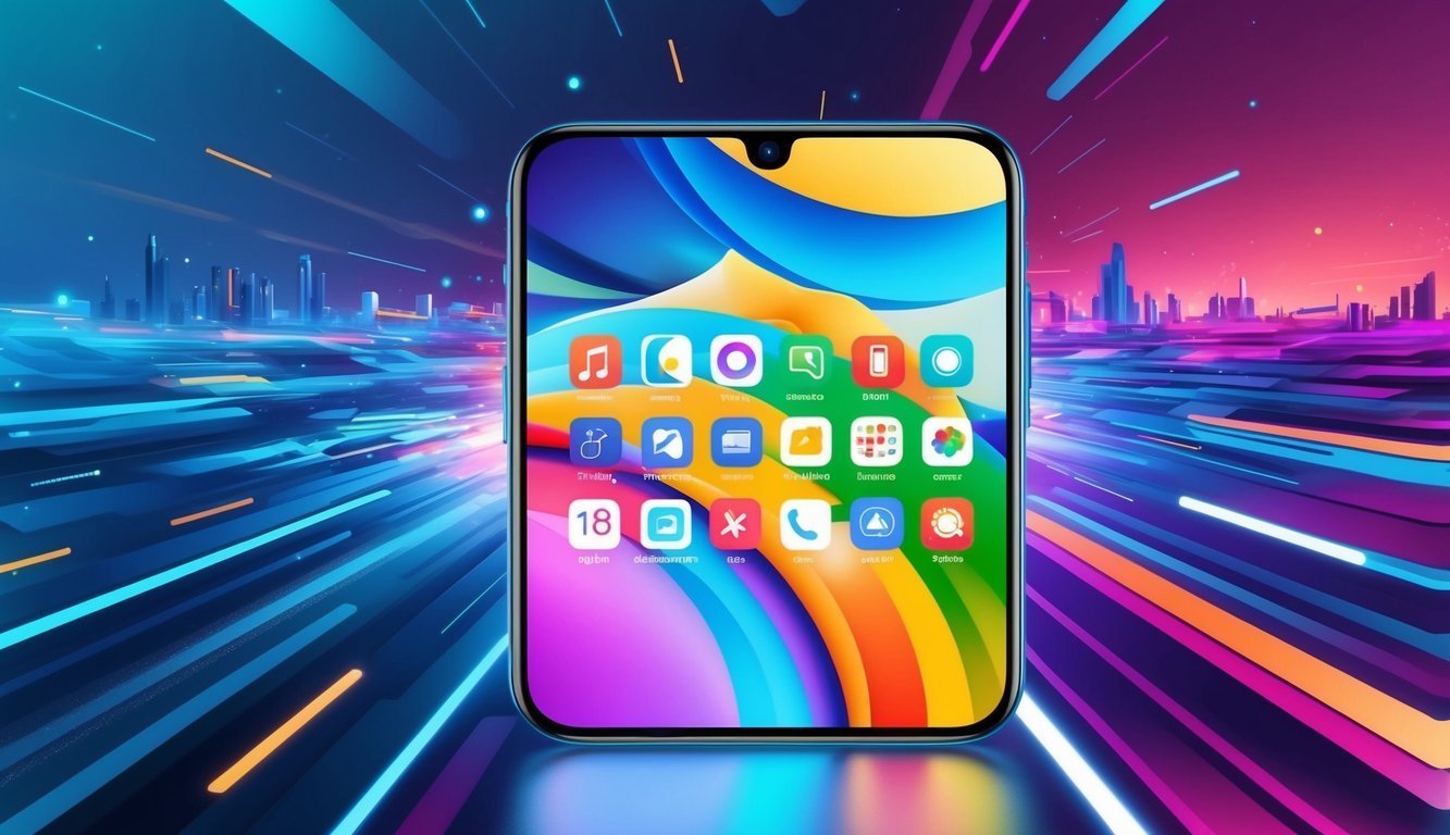 Smartphone with colorful icons on screen, futuristic city background