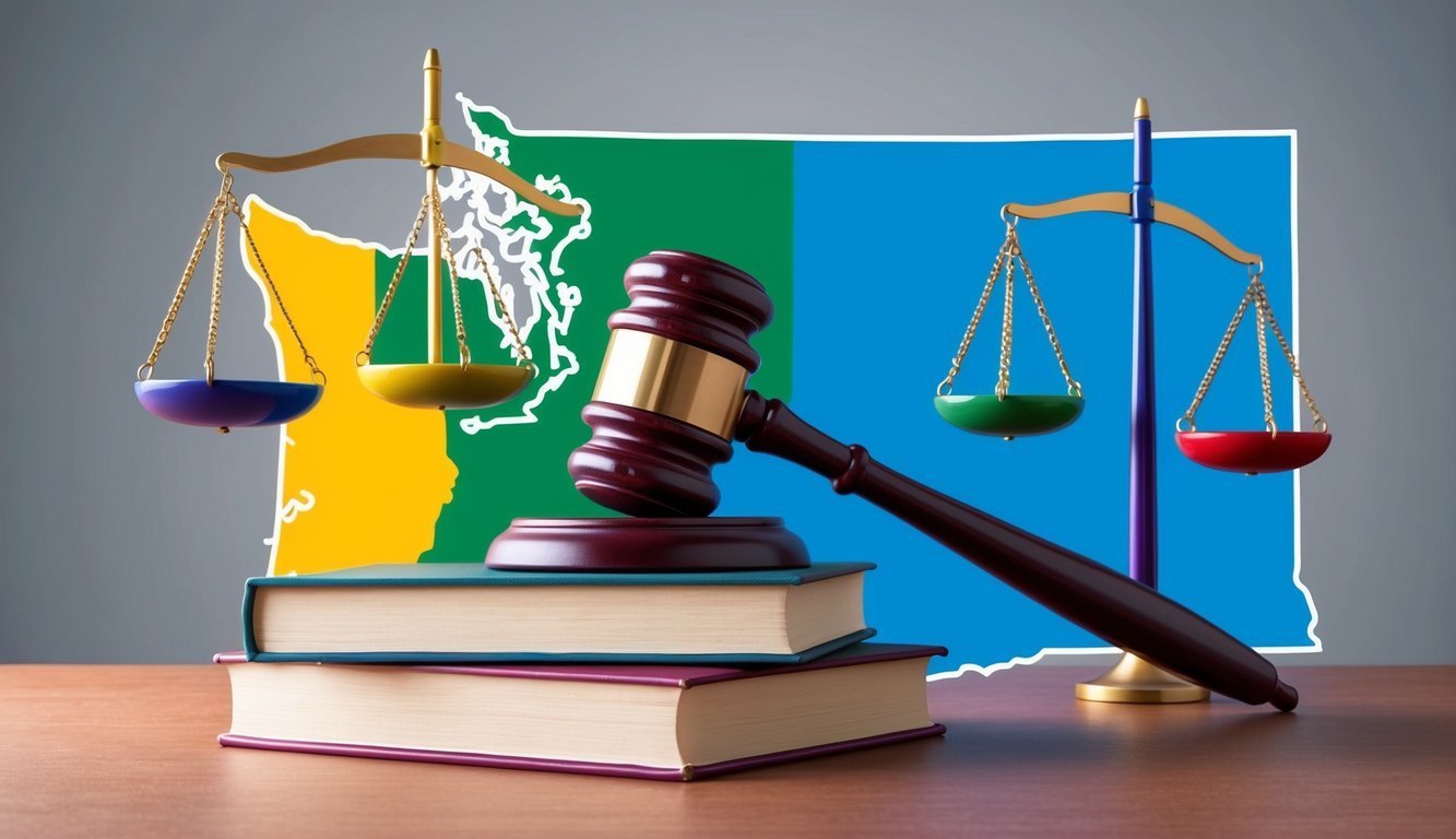Gavel on books with scales of justice, state outline in background