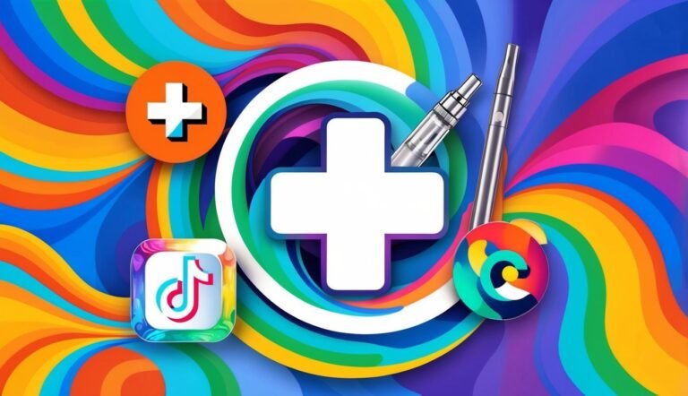 Colorful background with plus signs, vape pens, and social media icons