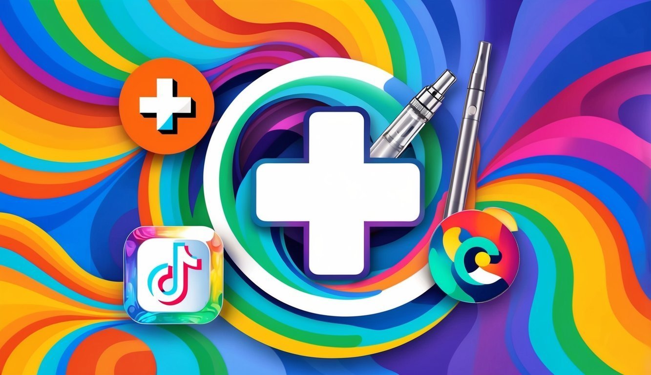 Colorful background with plus signs, vape pens, and social media icons
