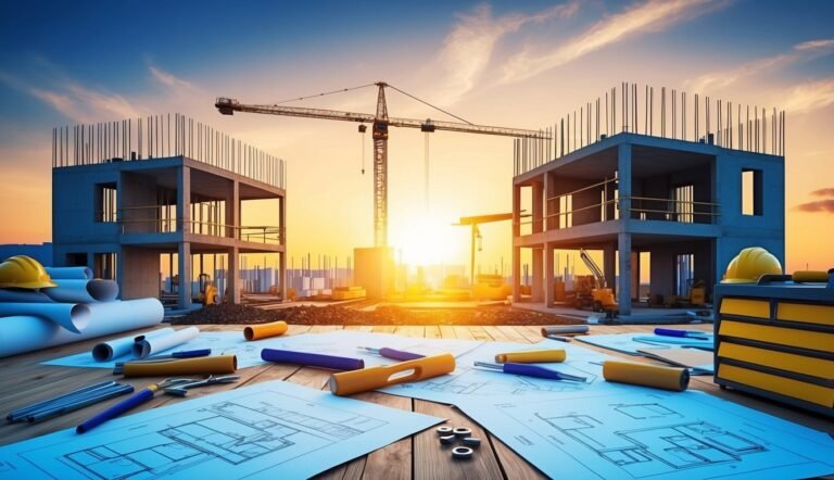 Construction site with blueprints, cranes, and partially built buildings at sunset