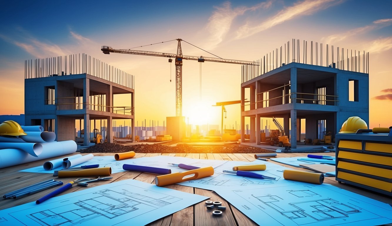 Construction site with blueprints, cranes, and partially built buildings at sunset