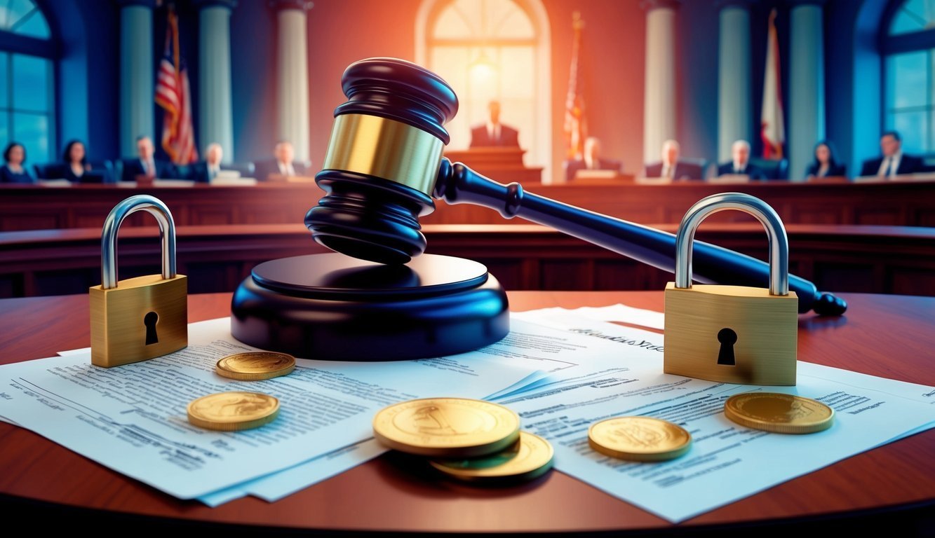 Gavel, padlocks, coins, and documents on a table in a courtroom setting