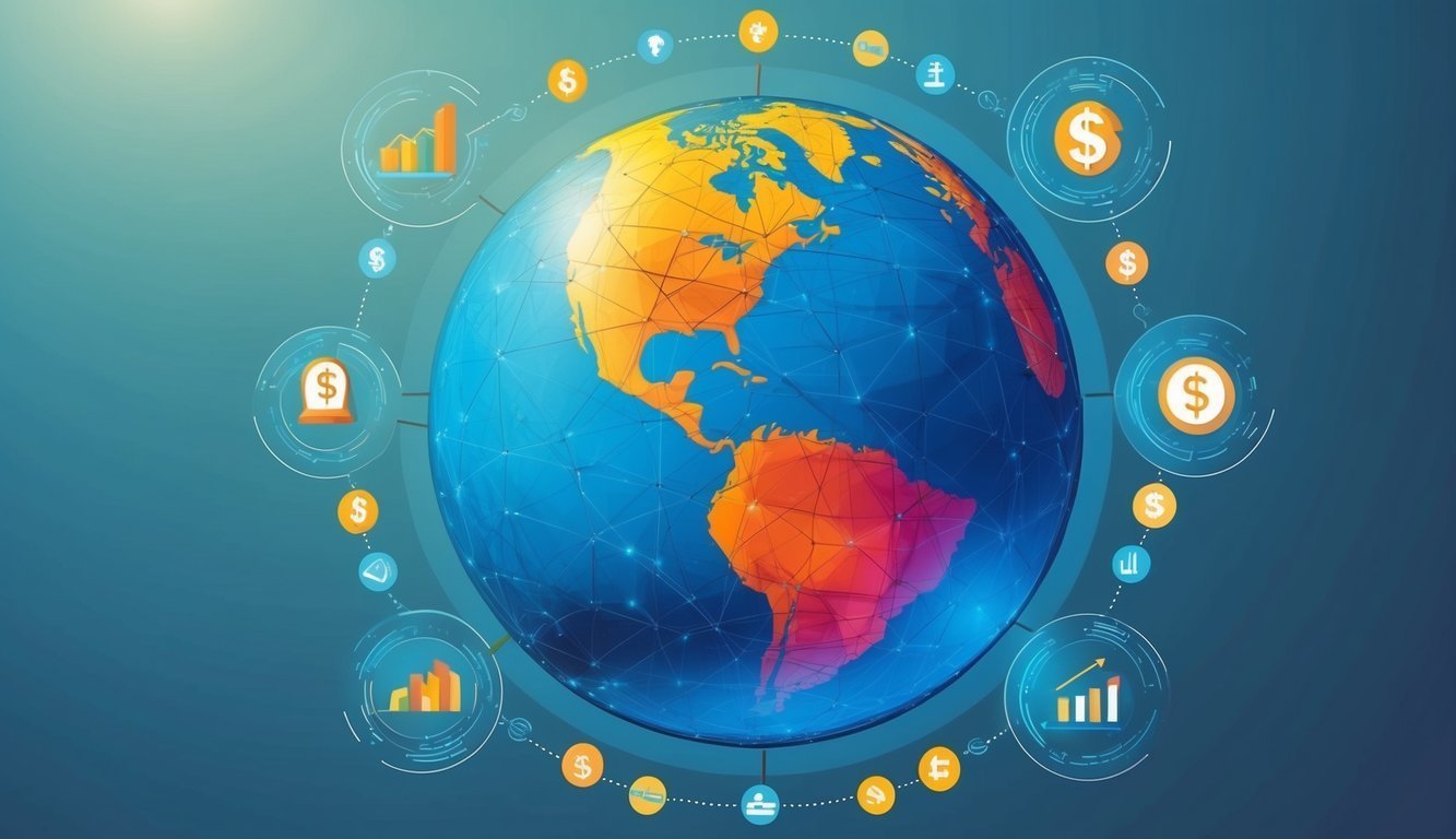 Globe with financial icons and charts, representing global economics and finance
