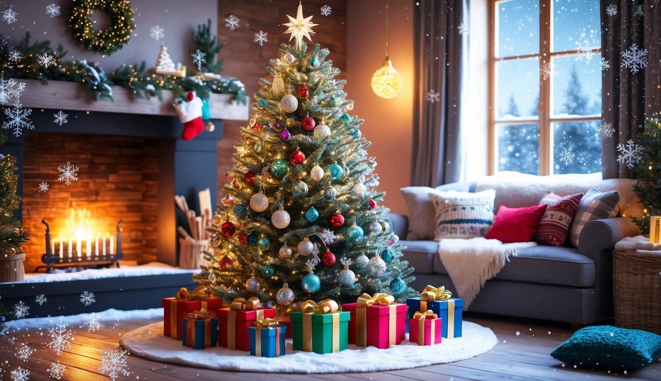 Decorated Christmas tree with gifts in a cozy living room with a fireplace