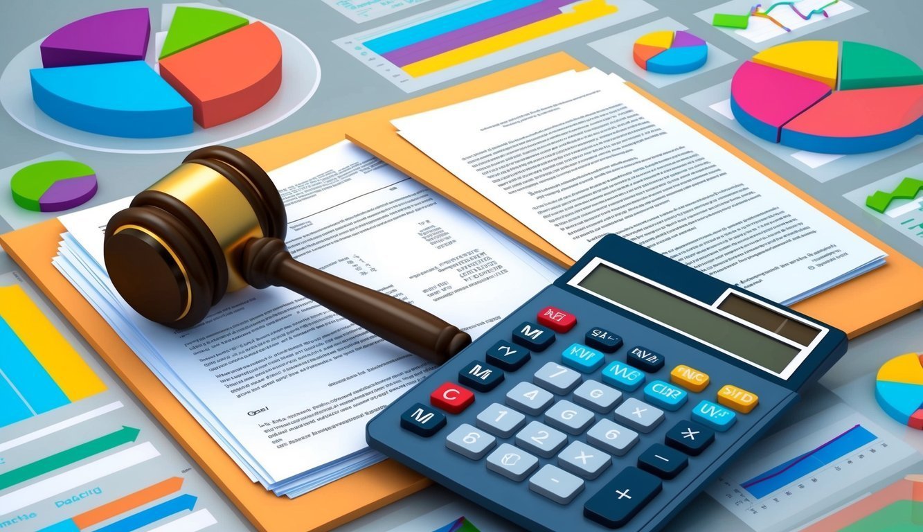 Gavel, documents, calculator, and pie charts representing financial analysis