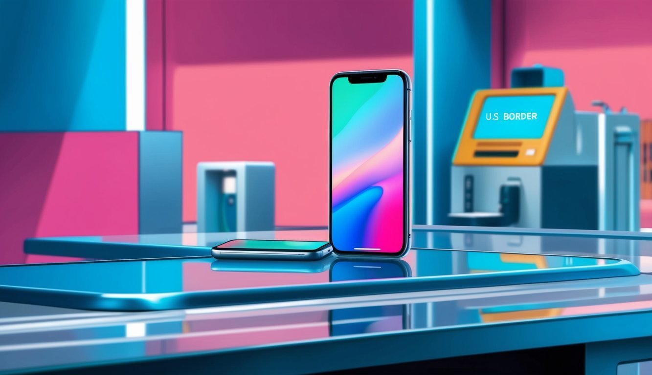 Two smartphones on a reflective surface with a "U.S. Border" kiosk