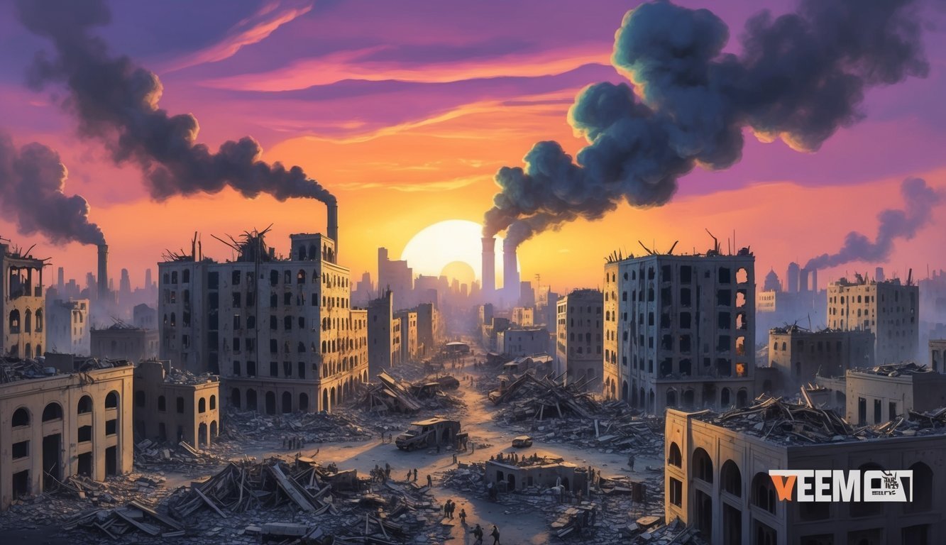 Post-apocalyptic city with destroyed buildings, smoke, and sunset sky