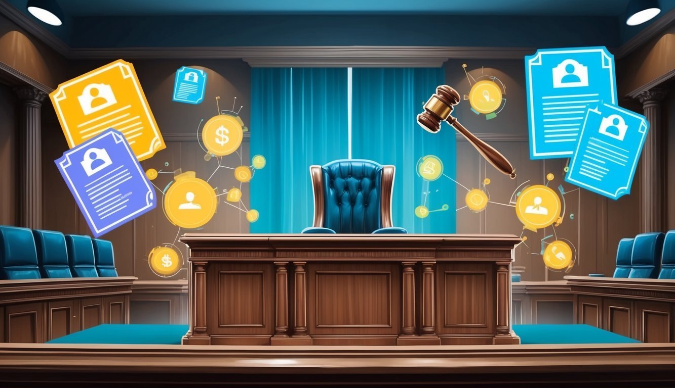Courtroom scene with documents, gavel, and financial icons floating in the air