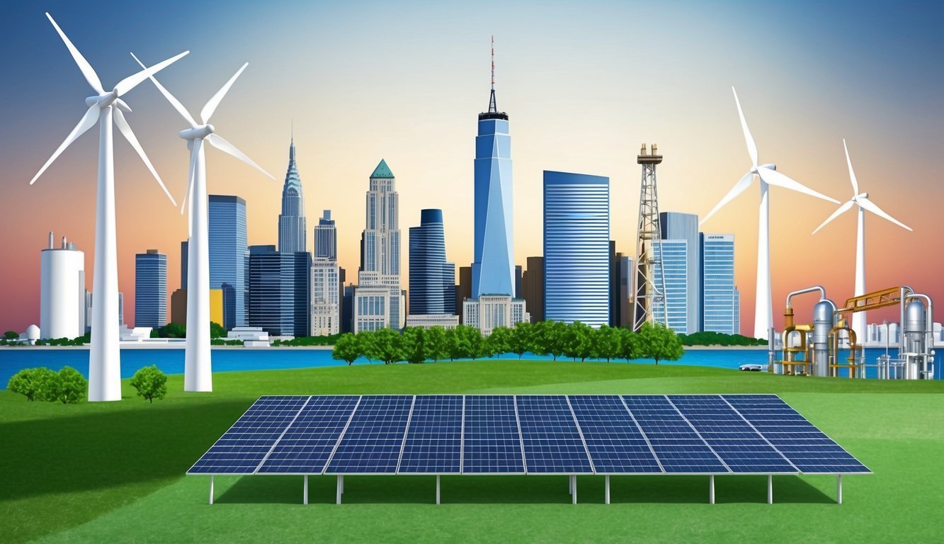 Solar panels, wind turbines, and city skyline representing renewable energy