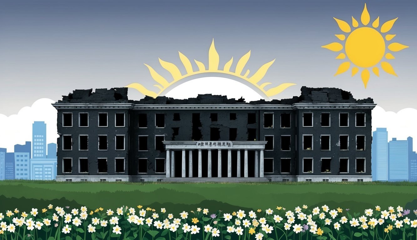 Ruined building with sun, flowers, and city skyline, symbolizing hope