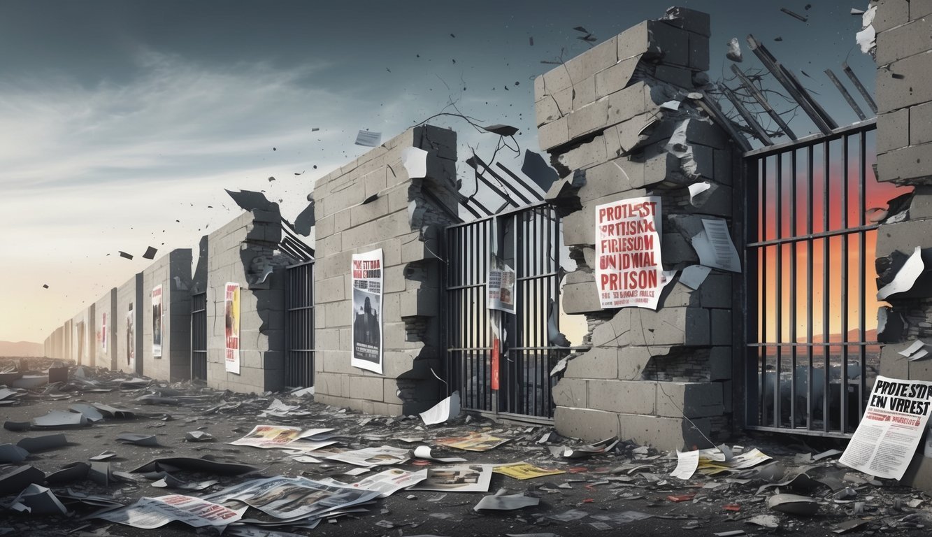 Cracked prison wall with posters, papers, and a sunset visible through the bars