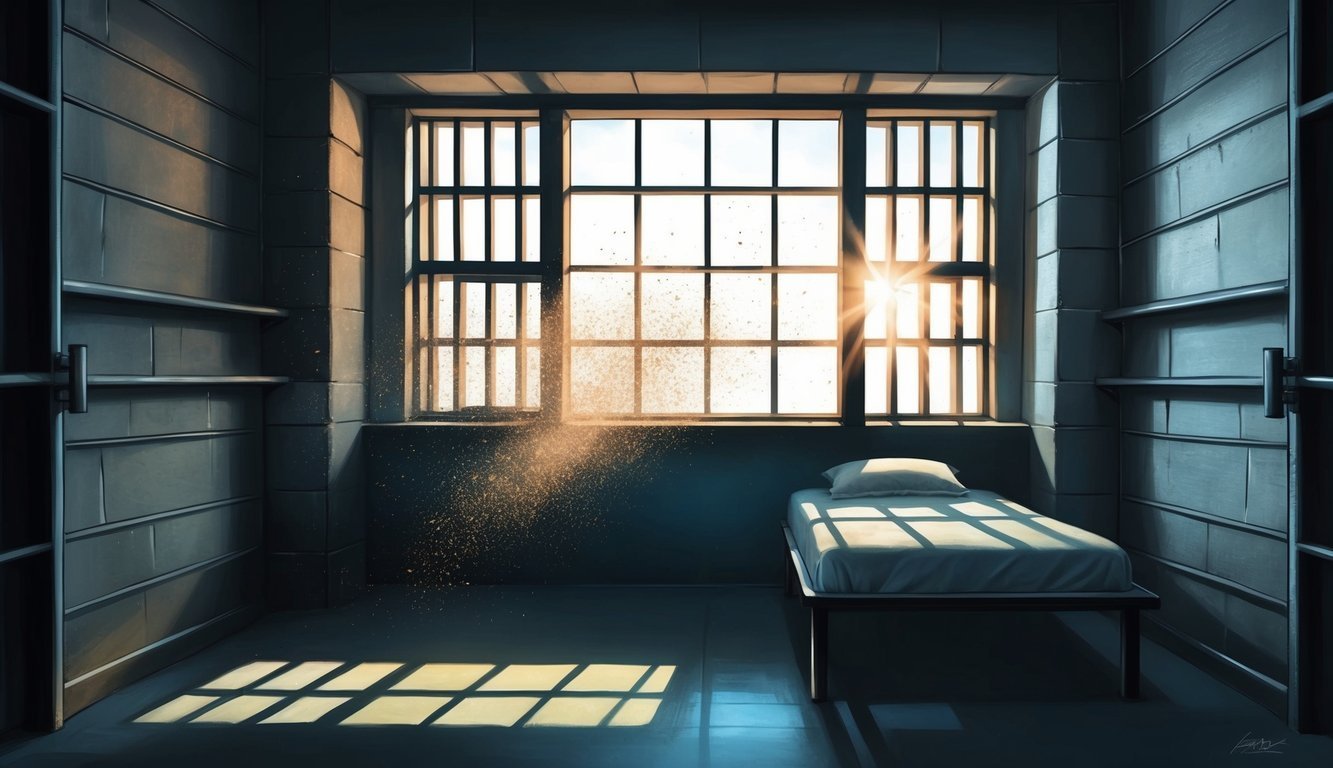 Prison cell with sunlight streaming through barred window onto a bed