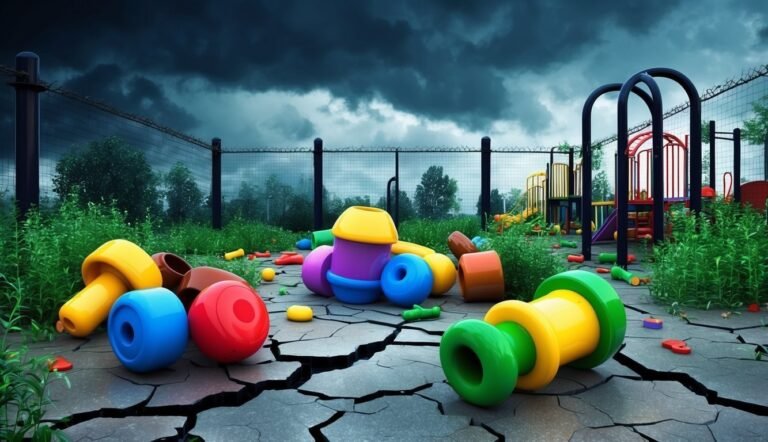 Abandoned playground with scattered colorful toys under a stormy sky