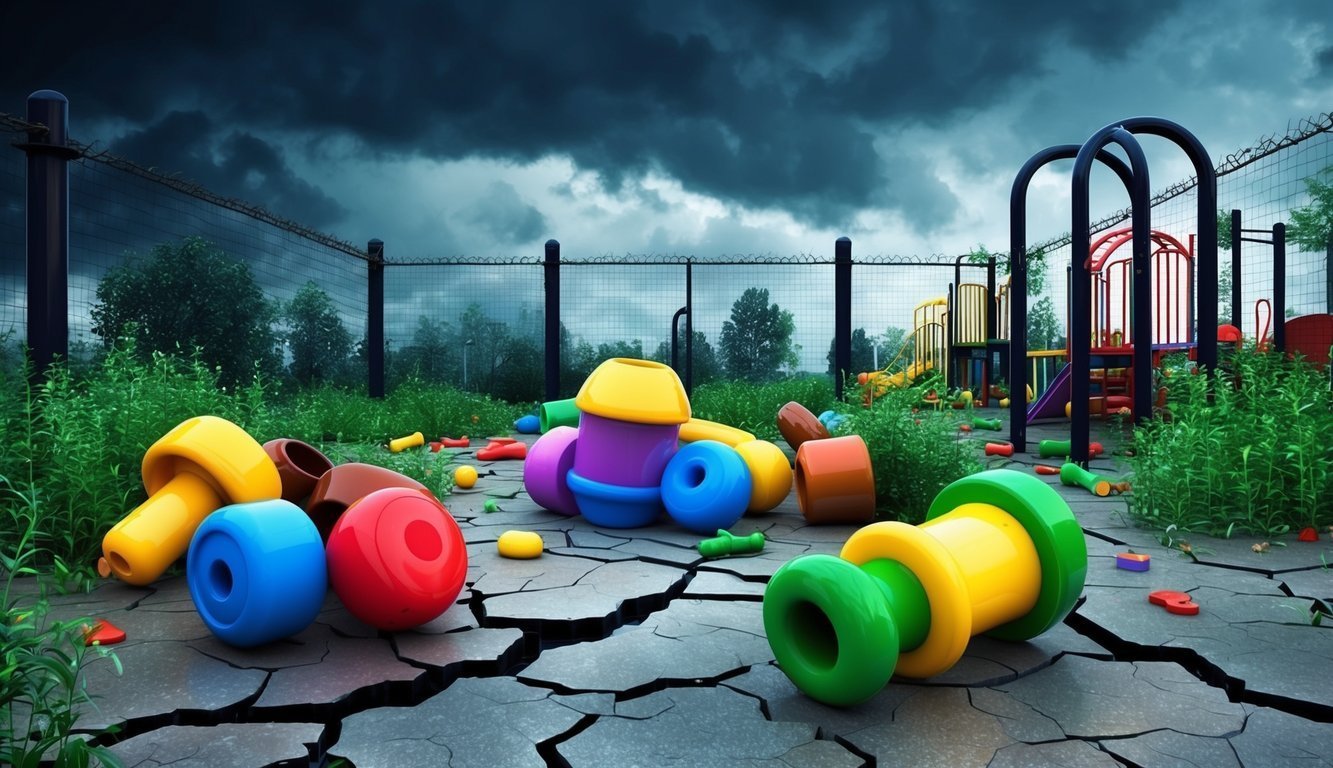 Abandoned playground with scattered colorful toys under a stormy sky
