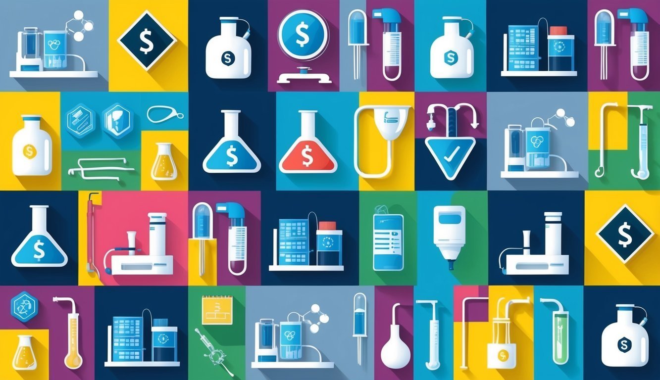 Colorful grid of laboratory equipment icons with dollar signs