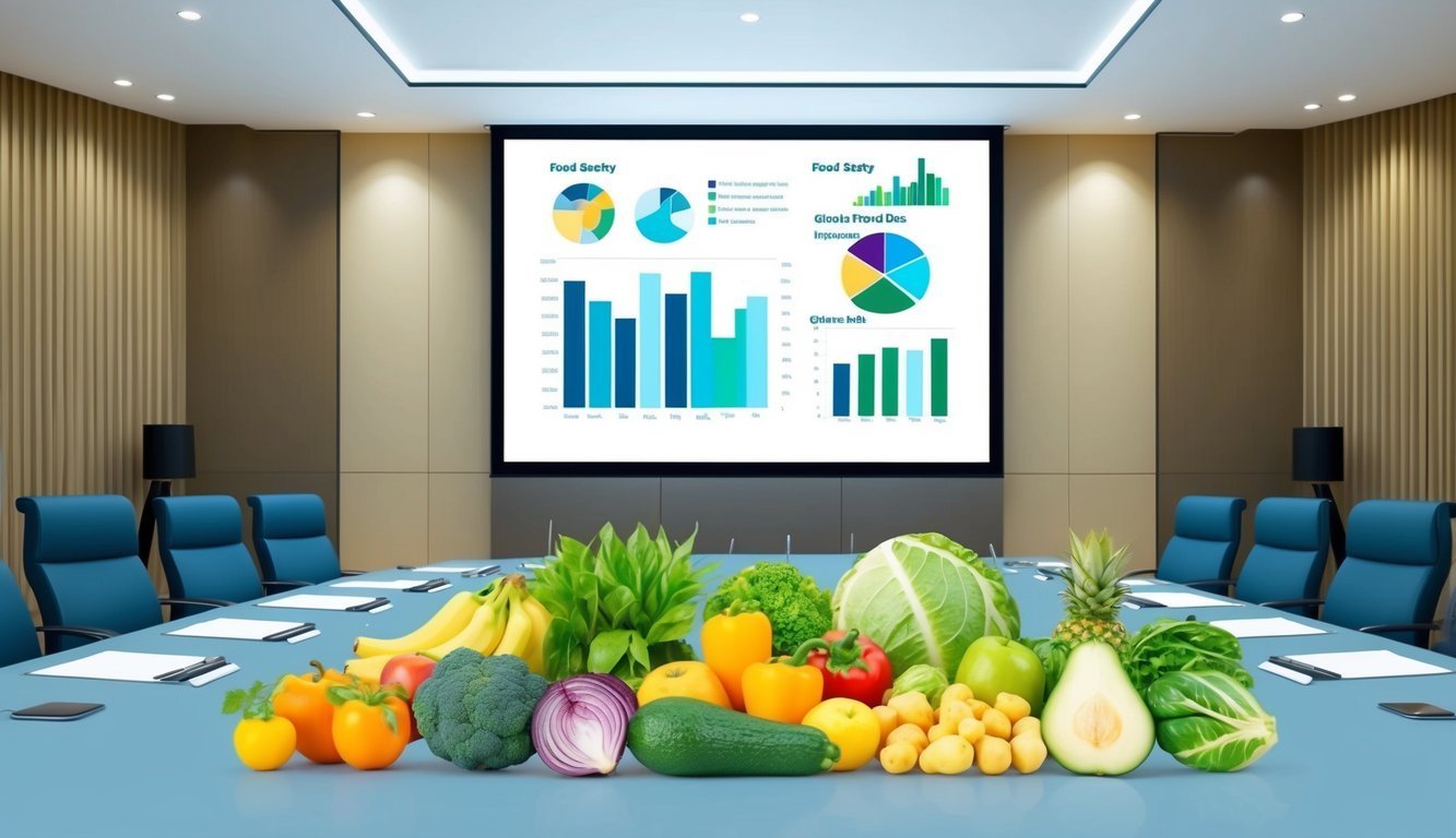 Conference room with fruits and vegetables on table, charts on screen