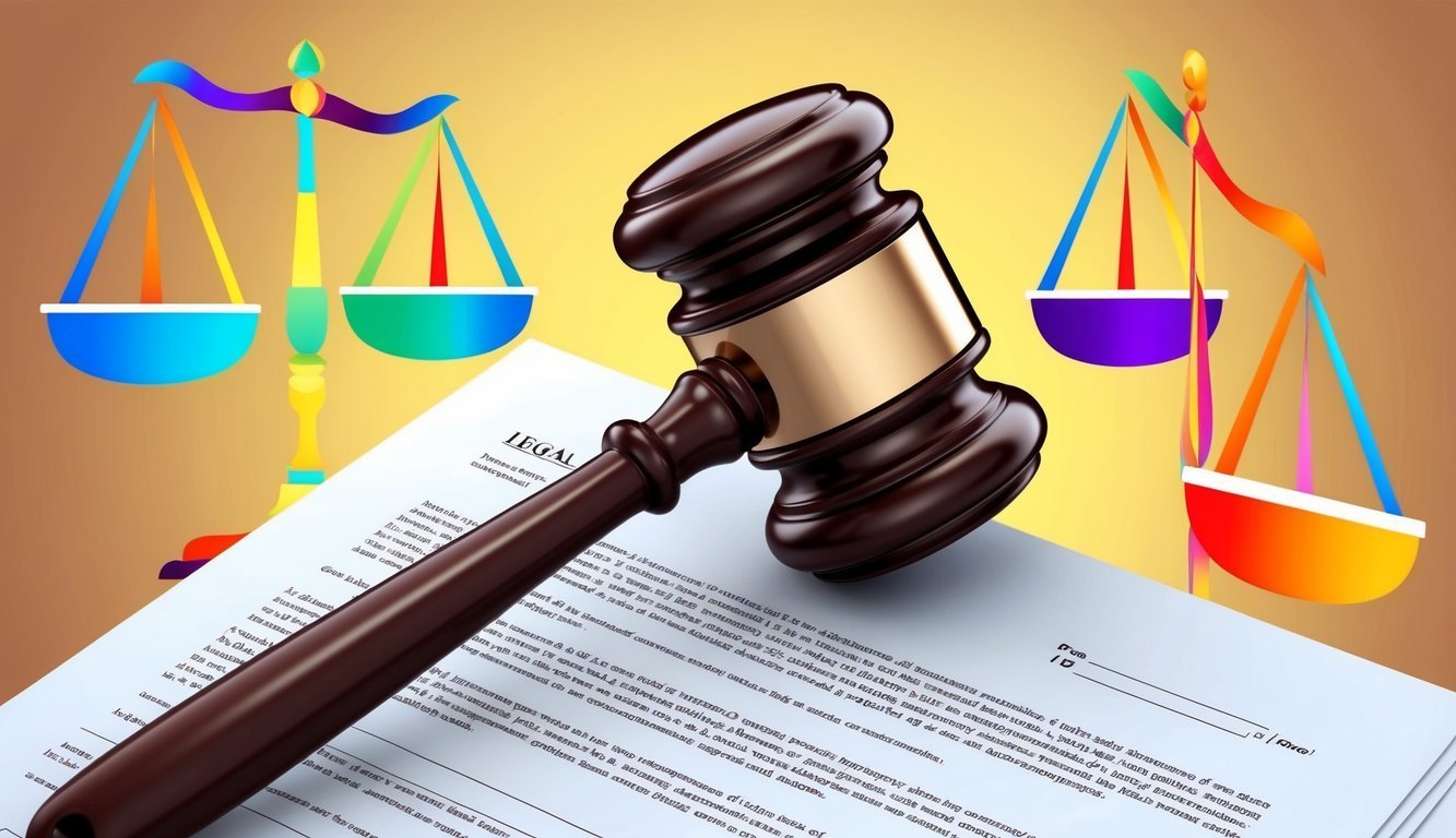 Wooden gavel on legal document with scales of justice in background