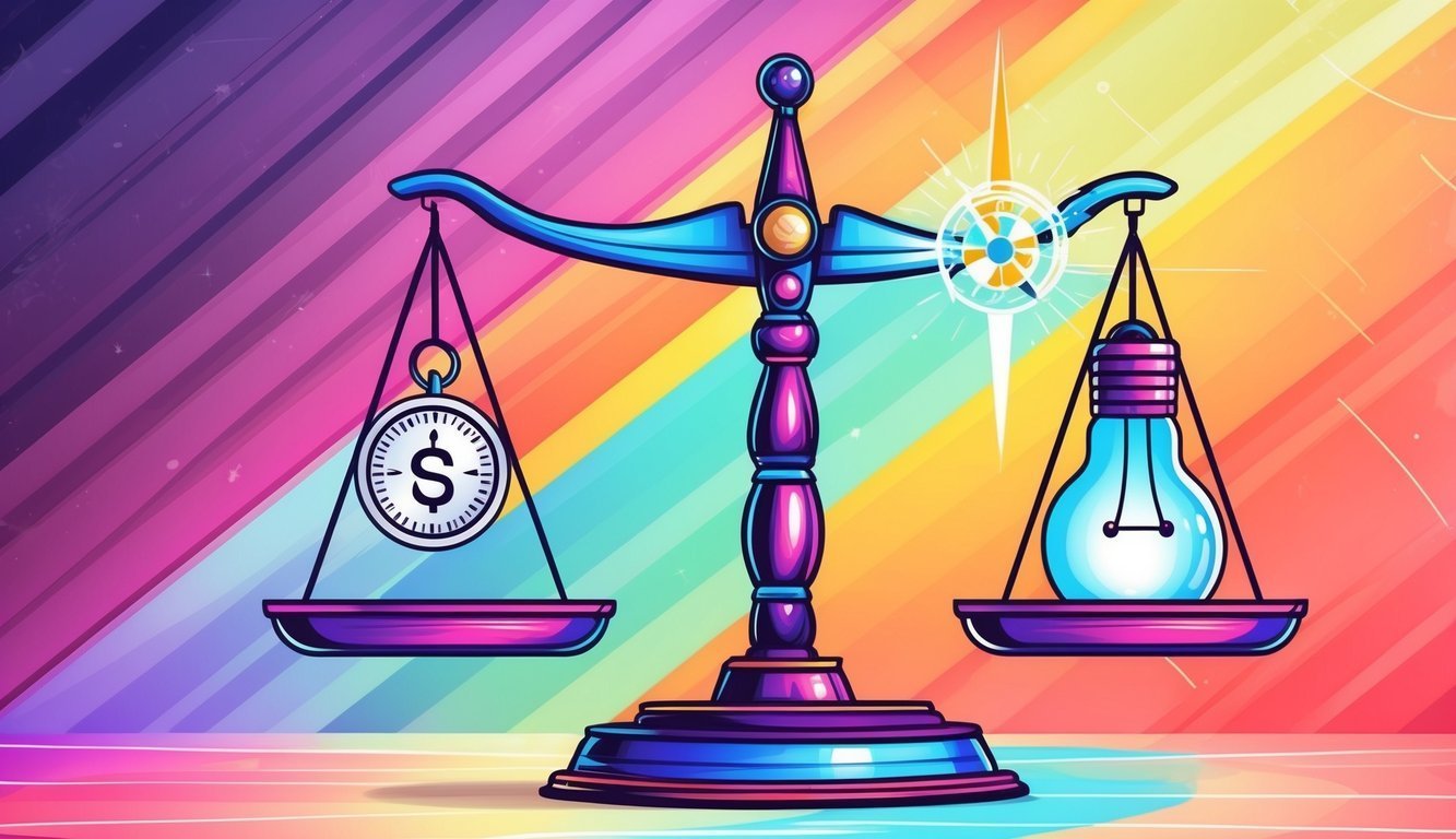Scales balancing a dollar sign clock and a lightbulb, colorful background