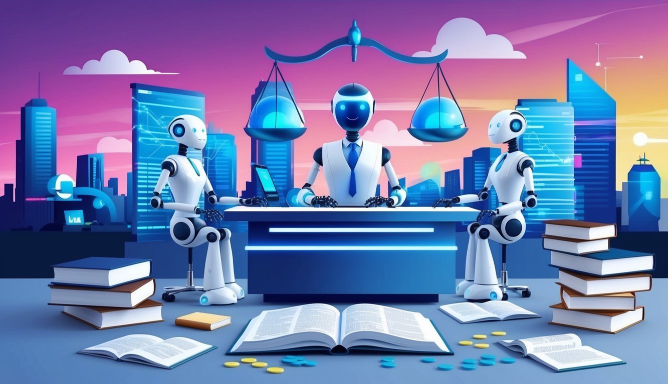 Robots in a courtroom setting with scales, books, and a cityscape background