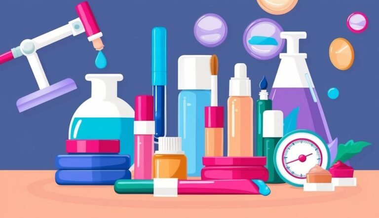 Illustration of various cosmetic products, including bottles, tubes, and makeup