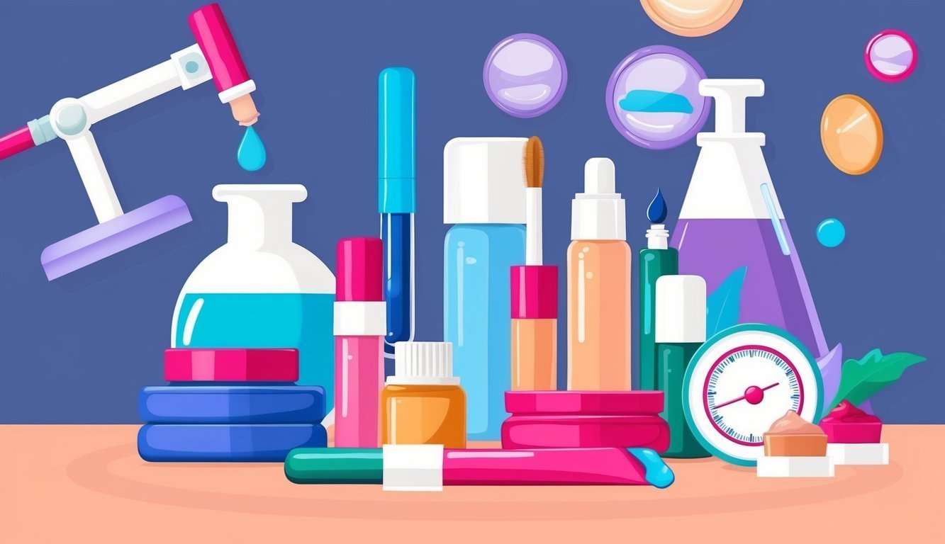 Illustration of various cosmetic products, including bottles, tubes, and makeup