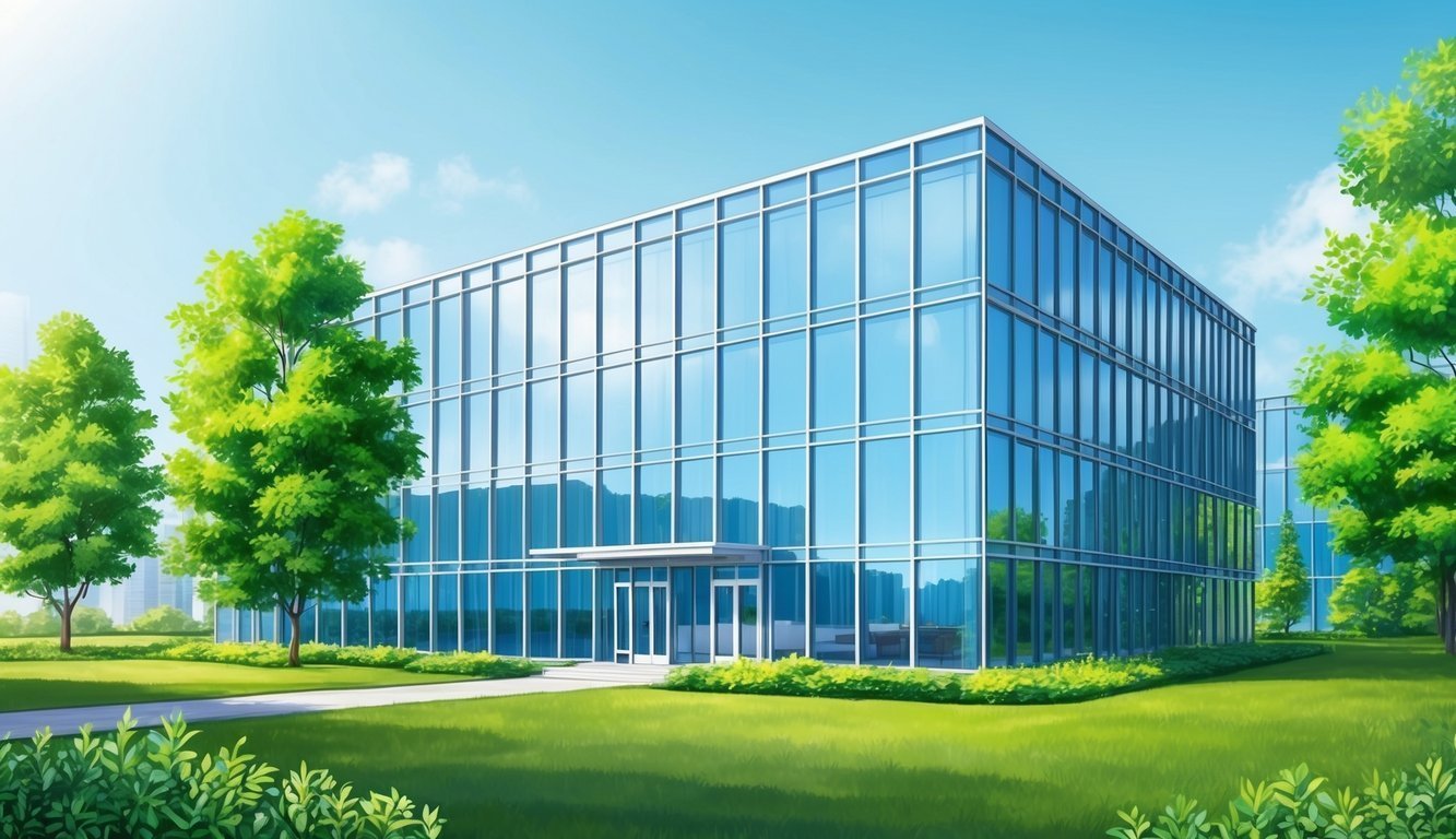 Modern glass building with trees and green lawn under a blue sky