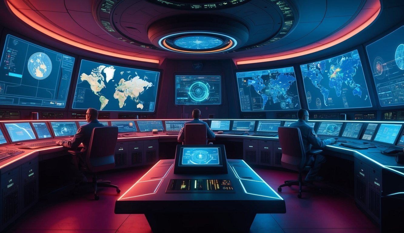 Control room with people monitoring screens displaying world maps