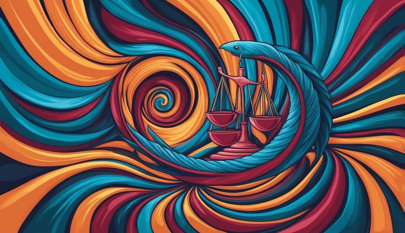 Colorful illustration of scales of justice with swirling background
