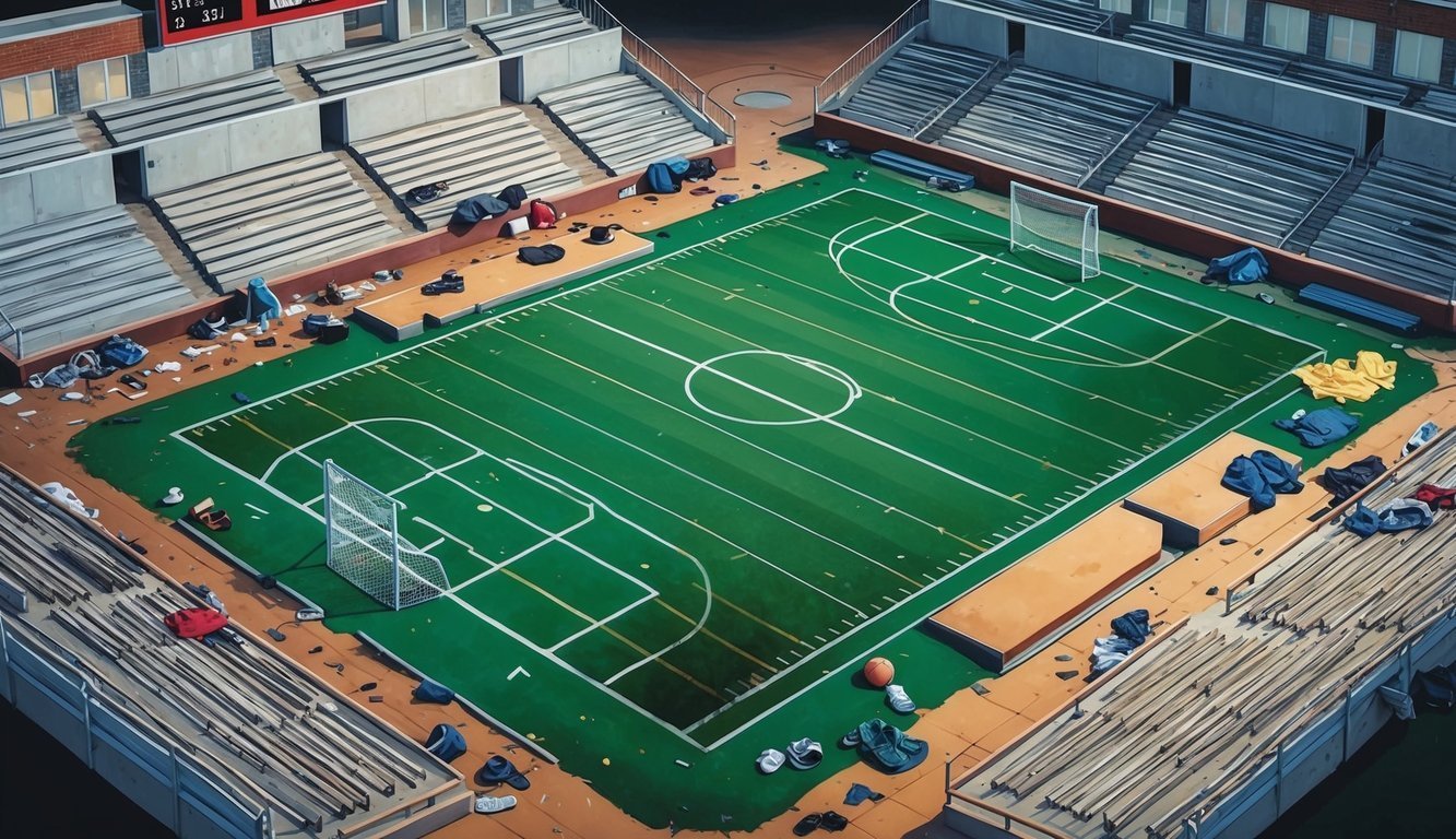 Overhead view of a football field with scattered items and empty bleachers
