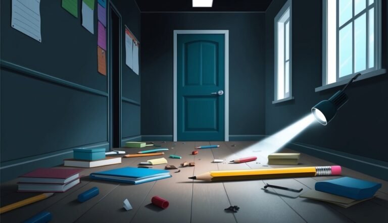 Hallway with scattered pencils, books, and a spotlight shining on the floor