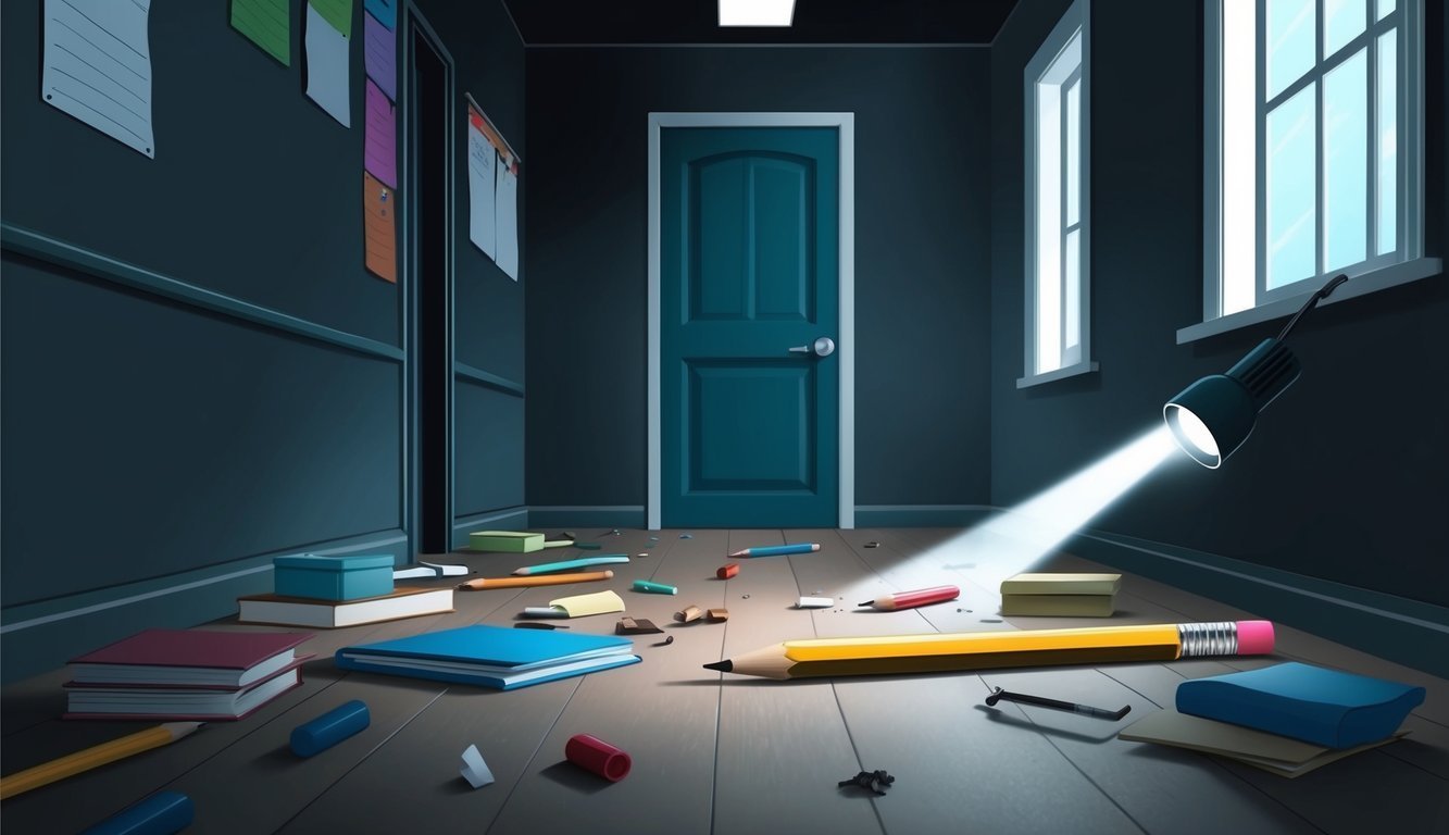 Hallway with scattered pencils, books, and a spotlight shining on the floor