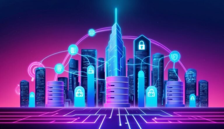 Neon city skyline with data security icons and connected network lines