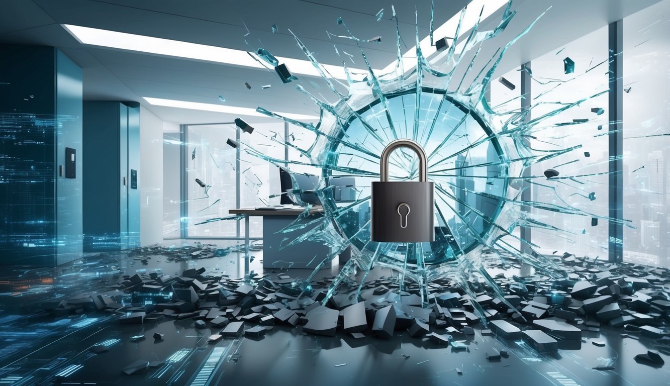 Padlock in front of shattered window in modern office setting