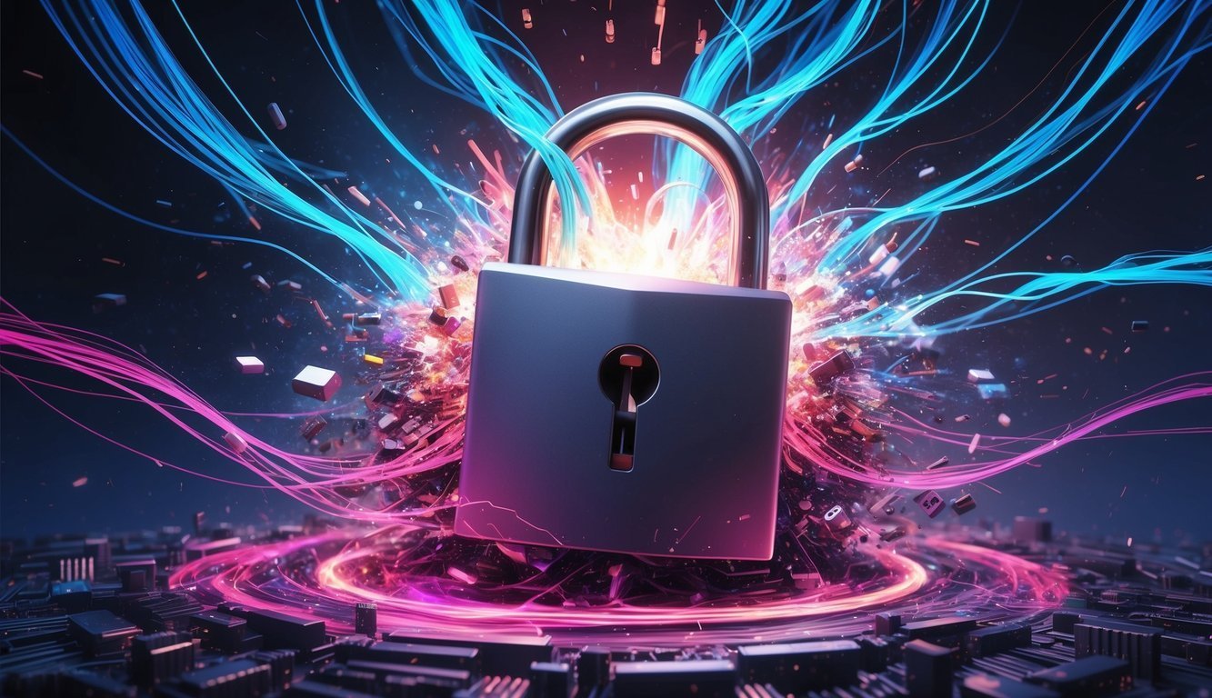 Digital padlock with glowing lines and circuit board background