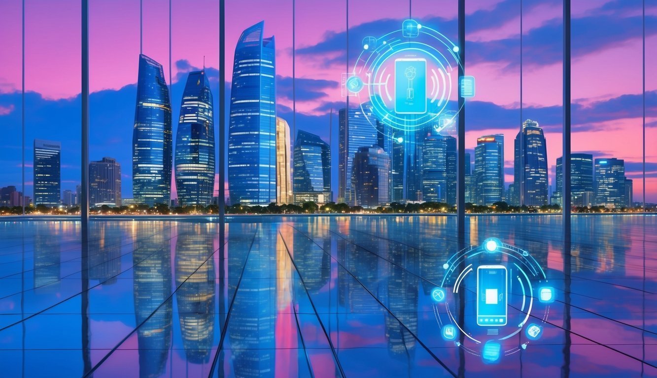City skyline with digital smartphone interface, reflected in a glass floor