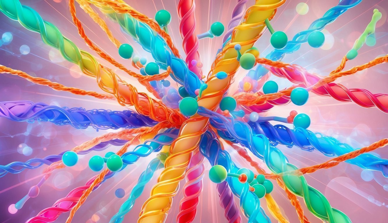 Abstract illustration of colorful, twisted strands with spheres and a pink background