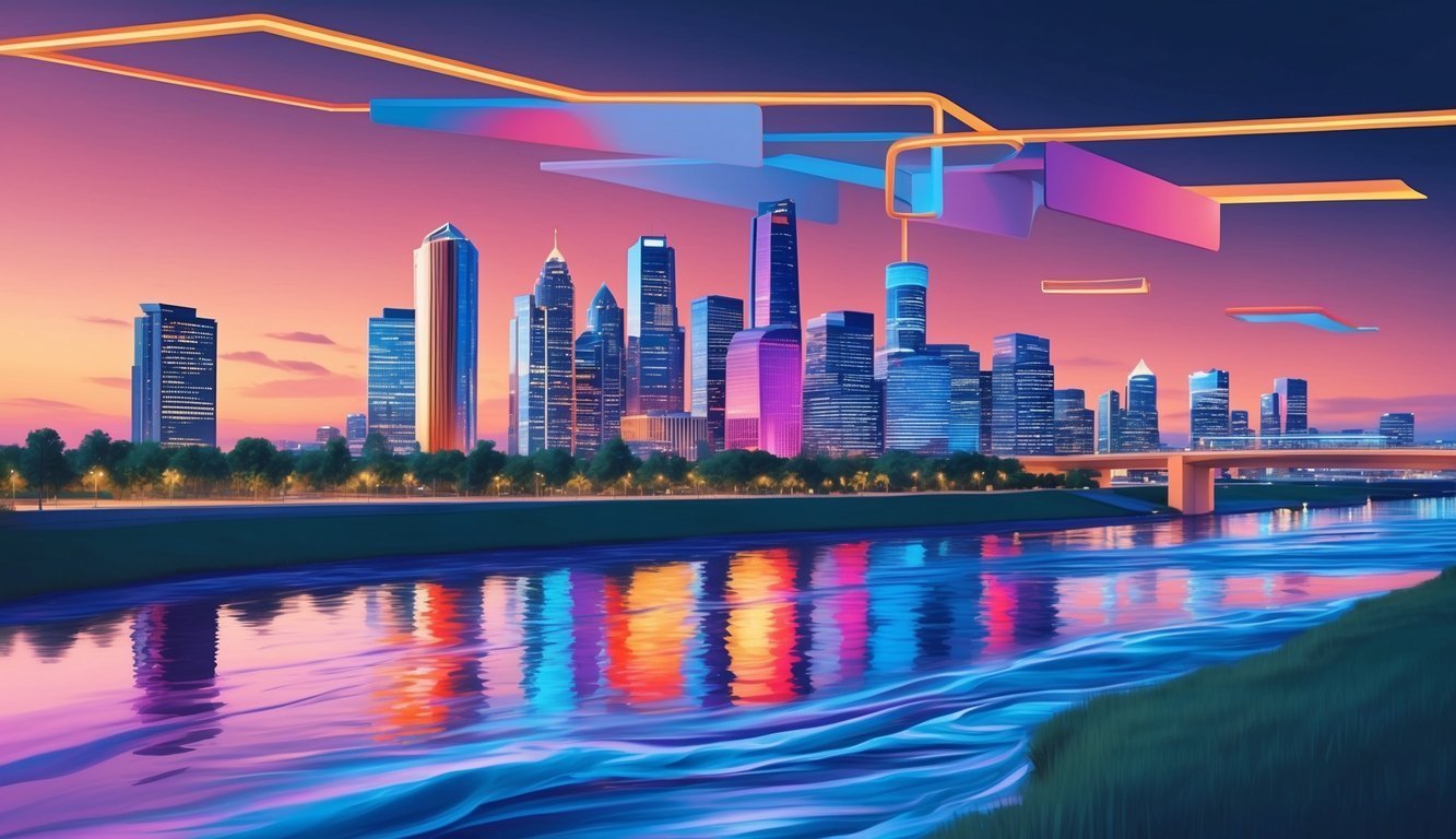 City skyline with colorful reflections in water, futuristic design