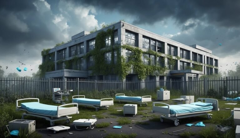 Abandoned hospital with overgrown vines, beds, and medical equipment outside