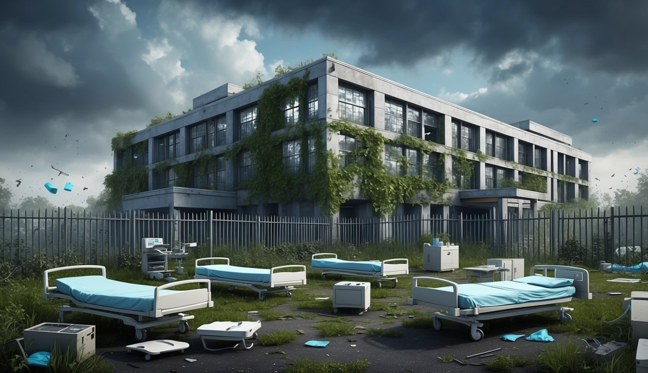 Abandoned hospital with overgrown vines, beds, and medical equipment outside