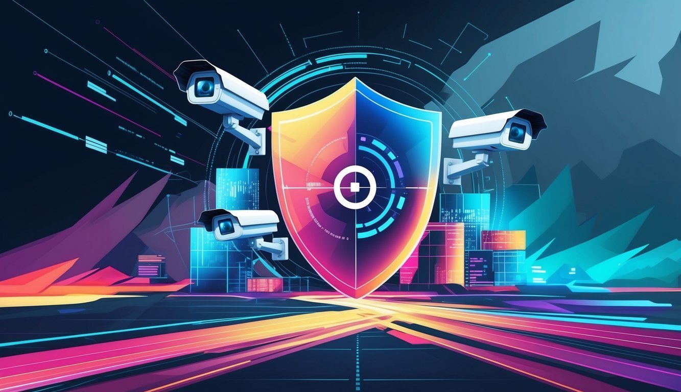Shield with security cameras, data streams, and digital cityscape illustration
