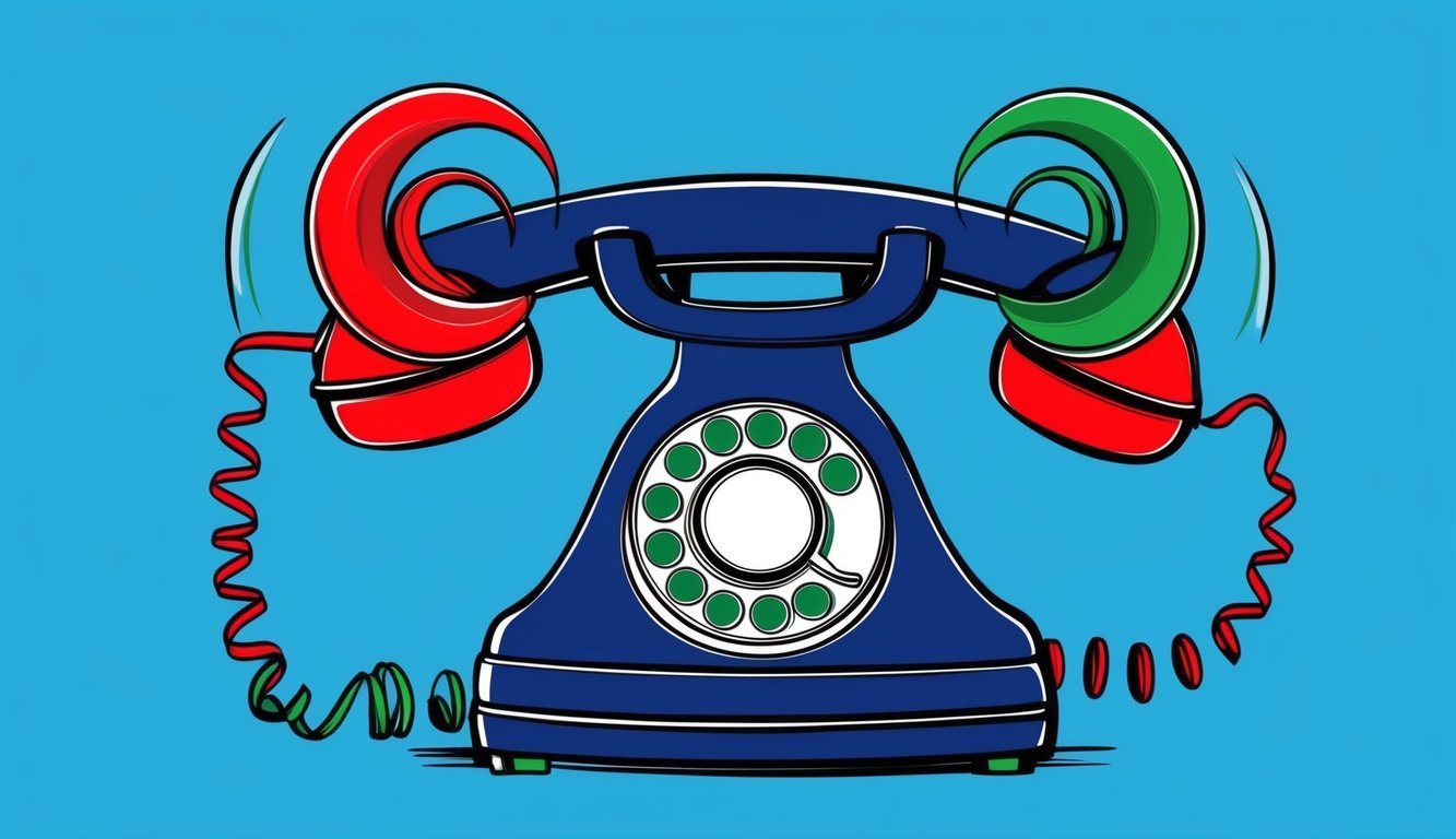 Illustration of a blue rotary phone with red and green curved receivers