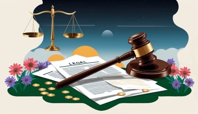 Scales of justice, gavel, legal documents, and flowers against a night sky