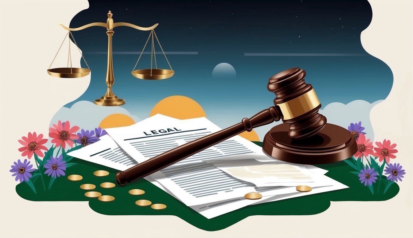 Scales of justice, gavel, legal documents, and flowers against a night sky