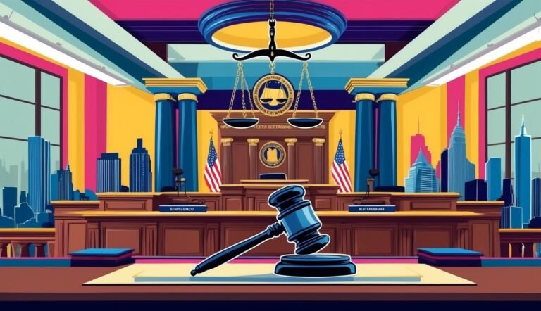 Illustration of a courtroom with a gavel, scales of justice, and city skyline