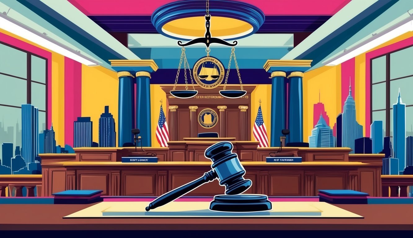 Illustration of a courtroom with a gavel, scales of justice, and city skyline