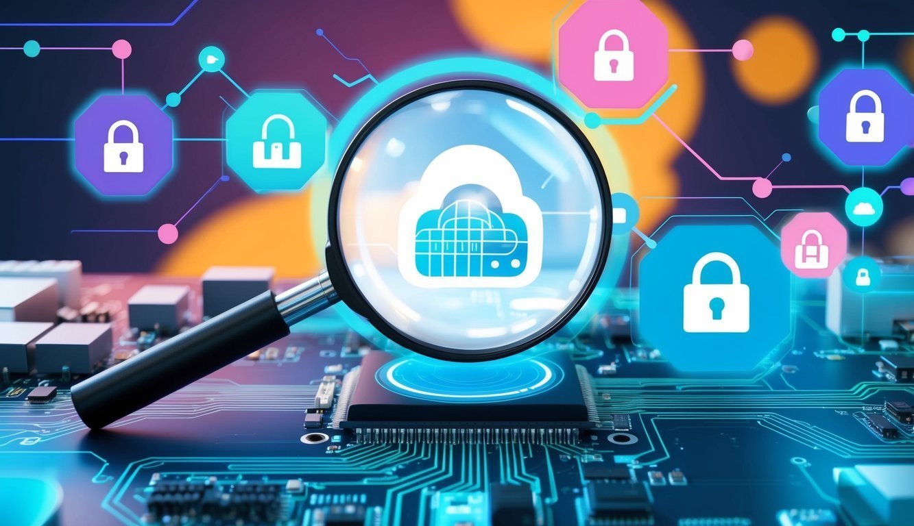 Magnifying glass over cloud icon on a circuit board with security locks
