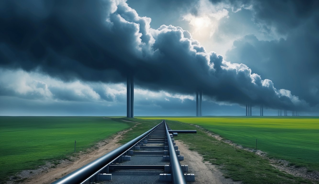 Railway tracks leading to dark clouds over a green field