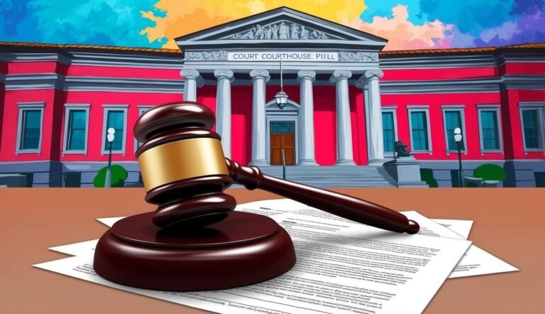 Wooden gavel on documents in front of a courthouse building