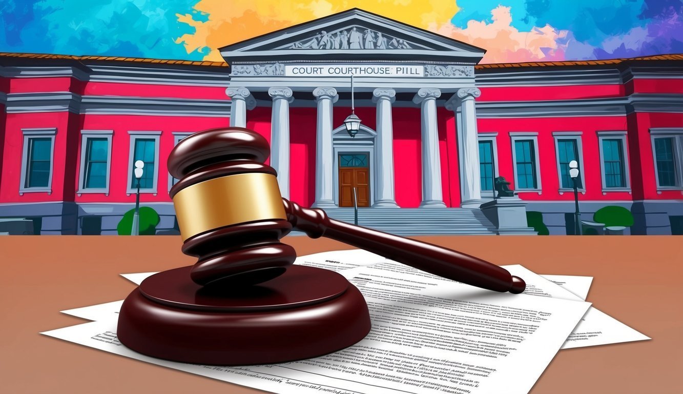Wooden gavel on documents in front of a courthouse building